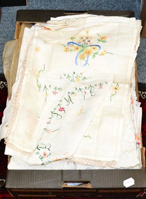 Lot 1137 - Quantity of embroidered linen, crochet, white linen table cloths, etc (in two boxes)