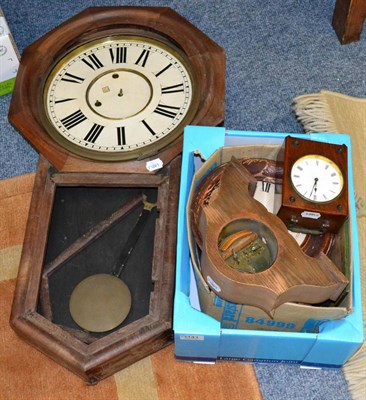 Lot 1141 - Mahogany cased wall clock (a.f.) and a box of assorted clocks and clock parts