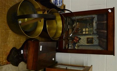 Lot 1172 - Four brass jam pans, barometer, firescreen and a writing slope