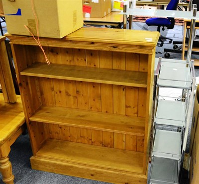 Lot 1182 - Modern nest of three tables, pine coffee table, pine low open bookcase with three shelves and...