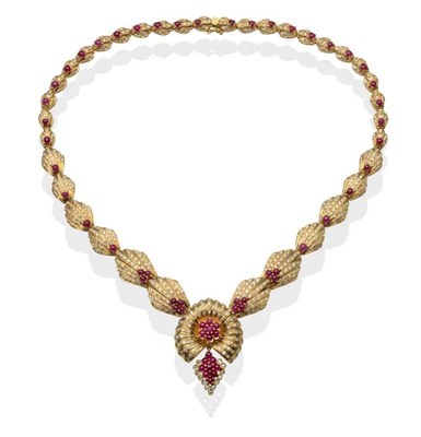 Lot 242 - A Ruby and Diamond Collar, of fan shapes pavé set with round brilliant cut diamonds, and...