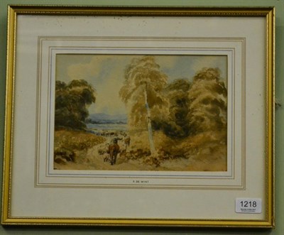 Lot 1218 - Attributed to Peter de Wint (1784-1849) A mounted figure droving sheep in an extensive...