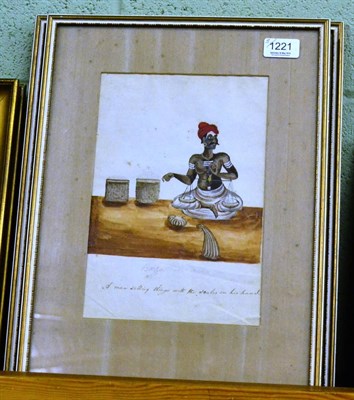 Lot 1221 - Three similar framed watercolours, one titled ";Barzan Man A Man Selling Thing With Scales In...