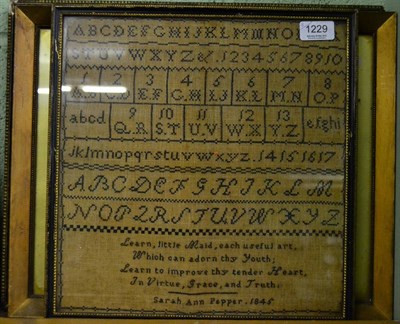 Lot 1229 - An alphabet sampler by Sarah Ann Pepper dated 1845, together with a 19th century watercolour...