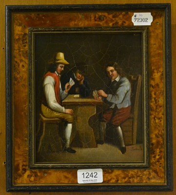 Lot 1242 - Small Dutch style oil of three figures playing cards