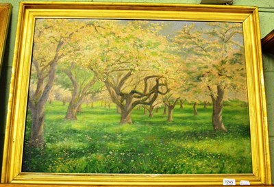 Lot 1245 - British School (20th century) landscape with blossom trees, oil on board