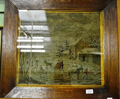 Lot 1251 - An oak framed 19th century woolwork depicting horses, figures in a Winter landscape