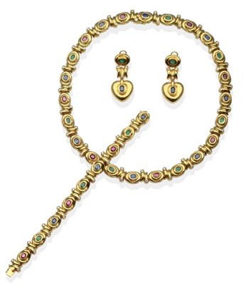 Lot 251 - A Necklace, Bracelet and Earring Suite, set with oval cut emeralds, rubies and sapphires and...