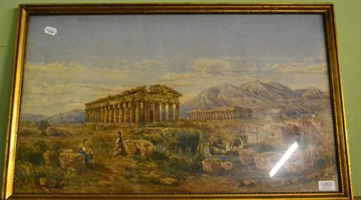 Lot 1262 - Large gilt framed watercolour of figures and cattle grazing by classical ruins, indistinctly signed