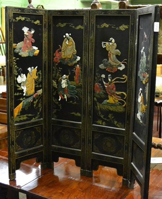 Lot 1312 - Japanese four panel screen decorated with hardstone figures