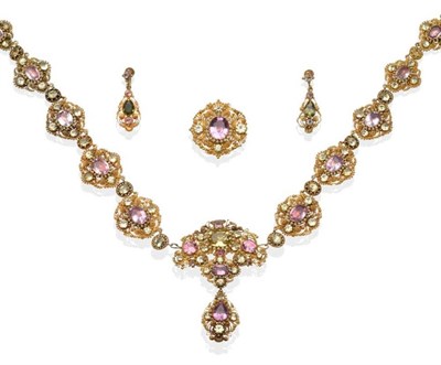 Lot 264 - A 19th Century Pink Topaz and Chrysoberyl Demi-Parure, comprising a necklace, brooch and a pair...
