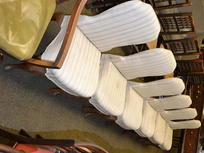 Lot 1357 - Six walnut dining chairs with modern striped upholstery, label to underside 'Waring & Gillow'