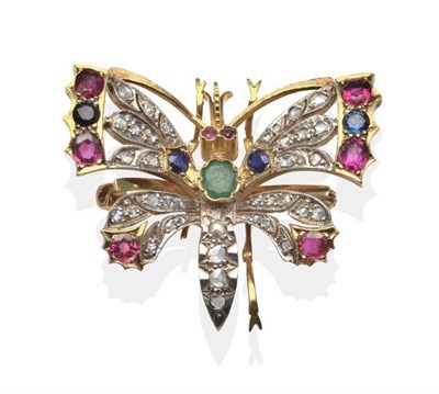 Lot 267 - A Multi-Gemstone Butterfly Brooch, set throughout with rose cut diamonds, round cut rubies,...