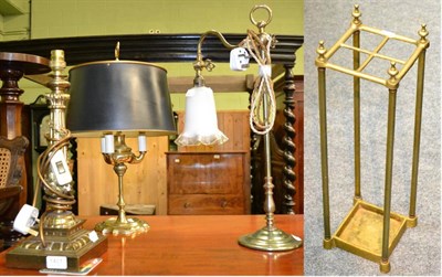 Lot 1401 - Victorian brass pillar table lamp and two others with glass shade and with metal shade,...