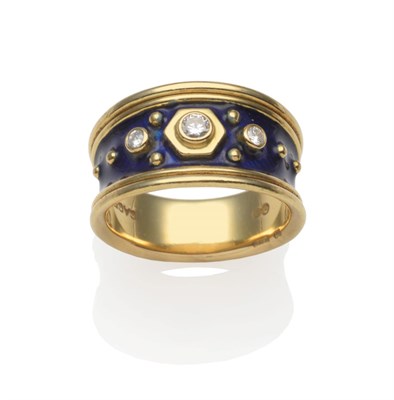 Lot 273 - An 18 Carat Gold Diamond and Blue Enamel Ring, by Elizabeth Gage, three graduated round...