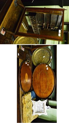 Lot 1430 - Two Edwardian mahogany galleried trays, brass dish, Palestinian mother-of-pearl Nativity, Victorian