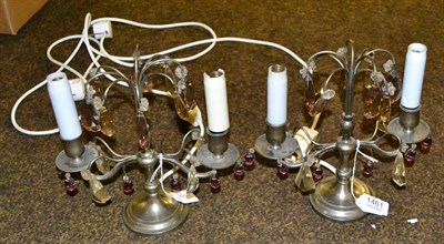 Lot 1461 - Gilt metal bag light fitting and a pair of electrified two branch light fittings