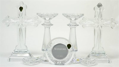 Lot 109 - Pair of Waterford crystal 'Illuminology' candlesticks, 20.5cm, with boxes; two similar 'Star Cross'