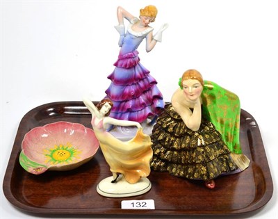 Lot 132 - Plant Tuscan china figure 'Memories'; two other Art Deco china figures and a Carlton ware dish (4)