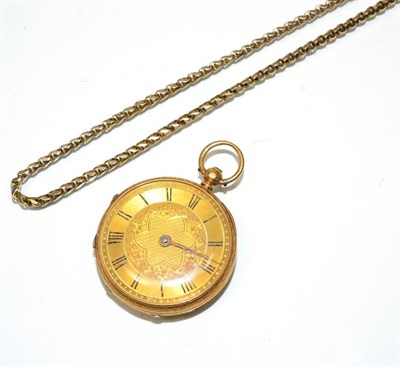 Lot 143 - An 18 carat gold pocket watch and chain with applied plaque stamped 9c