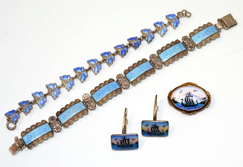 Lot 145 - A Danish enamel bracelet, by Volmer Bahner, as blue enamel butterfly links, length 16.6cm; an...