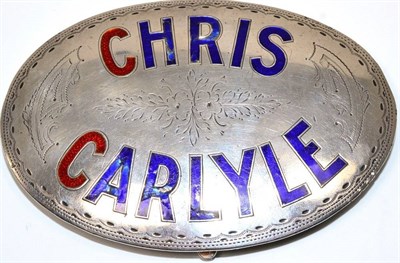 Lot 146 - A silver and enamel bookmaker's badge 'Chris Carlyle', makers mark ER, Birmingham 1920