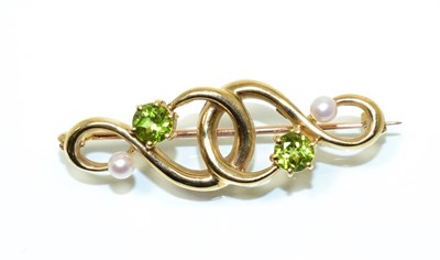 Lot 171 - A 9 carat gold peridot and seed pearl brooch, two round cut green zircon and two cultured pearls to