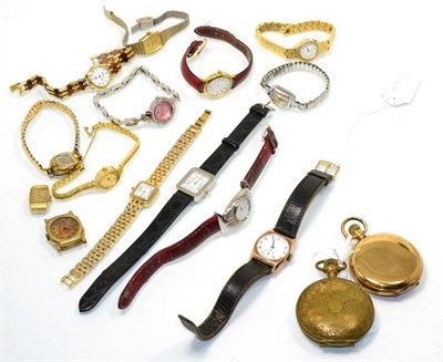 Lot 172 - A 9 carat gold wristwatch, two full hunter pocket watches and a group of wristwatches