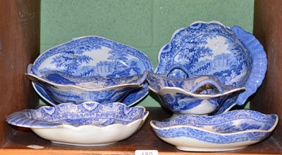 Lot 180 - A set of six blue and white transfer printed pearlware dishes; country house with watering...