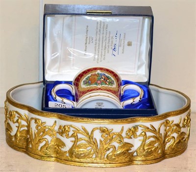 Lot 205 - A Continental gilt metal mounted porcelain centrepiece bowl, swan and foliate design; together with