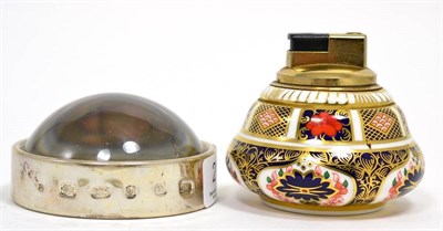 Lot 217 - A Royal Crown Derby lighter and a silver mounted magnifying paperweight