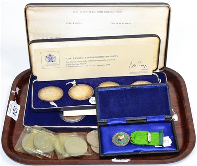 Lot 224 - Two cased sets of medals, Churchill Centenary and Sheffield coin collection, assorted crowns...