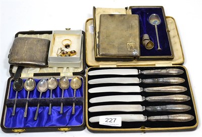 Lot 227 - Two silver cigarette cases; cased set of six silver teaspoons; silver handled tea knives...