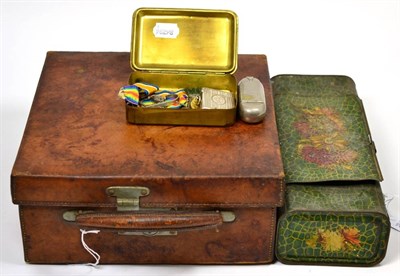 Lot 229 - A leather cased picnic set; tin; silver vesta; two First World War medals etc