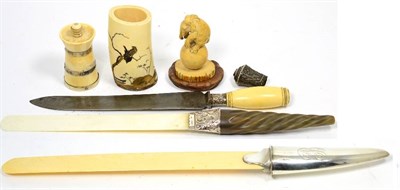 Lot 231 - Two Victorian silver handled and collared ivory page turners; a Meiji period ivory vase; a 19th...