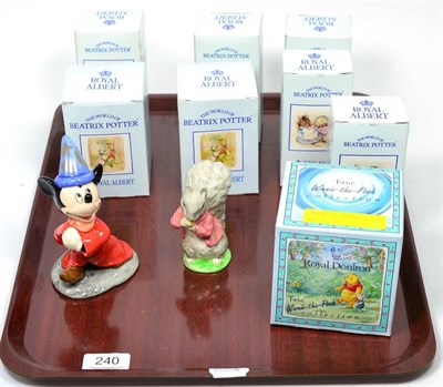 Lot 240 - Eight Beatrix Potter figures, seven with boxes; a Royal Doulton Sorcerers Apprentice; and a Doulton