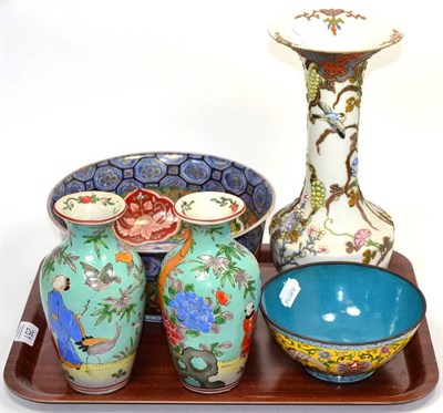 Lot 251 - Chinese enamel bowl; Japanese Imari porcelain bowl; pair of Chinese vases and Japanese Moriage...