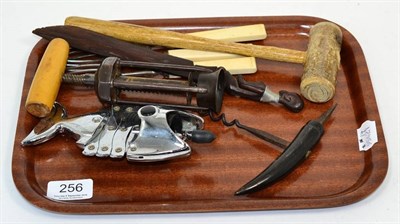 Lot 256 - A Georgian corkscrew retailed by Durham 261; modern fish corkscrew and another; gavel; forks etc