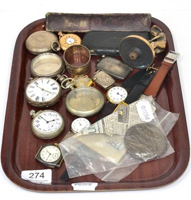 Lot 274 - An Art Deco silver wristwatch; a Waltham wristwatch; a silver pocket watch; a plated half...