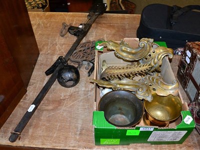 Lot 1011 - Two bronze mortars; brass curtain tie backs; rococo andirons etc