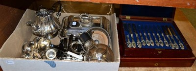 Lot 1013 - Antique and modern silver plated items, including two cases of cutlery, rat tail service for...