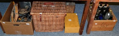 Lot 1024 - A collection of vintage bottles; tins, tools etc; an Asprey wicker picnic hamper; scale with...