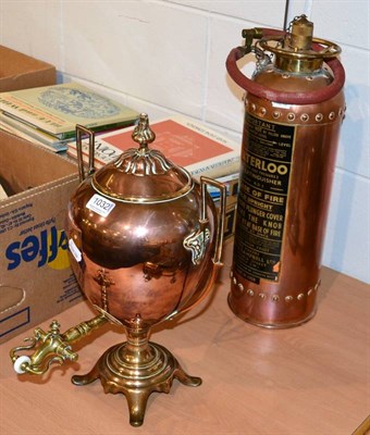 Lot 1032 - Reproduction highly polished copper fire extinguisher; together with a 19th century...