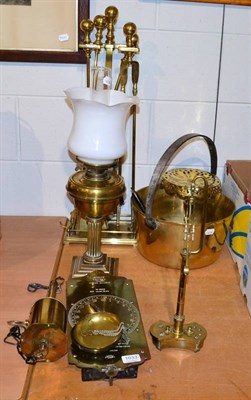 Lot 1033 - Group of brass including companion set; various scales including Salter's; two jam pans etc