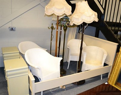 Lot 1067 - Group of painted furniture comprising a double bedstead; pair of bedside cupboards; four wicker tub