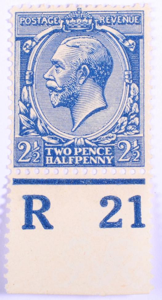 Lot 213 - GB KGV SG373a Twopence halfpenny Dull Prussian Blue marginal R21 control , mint but with faults...