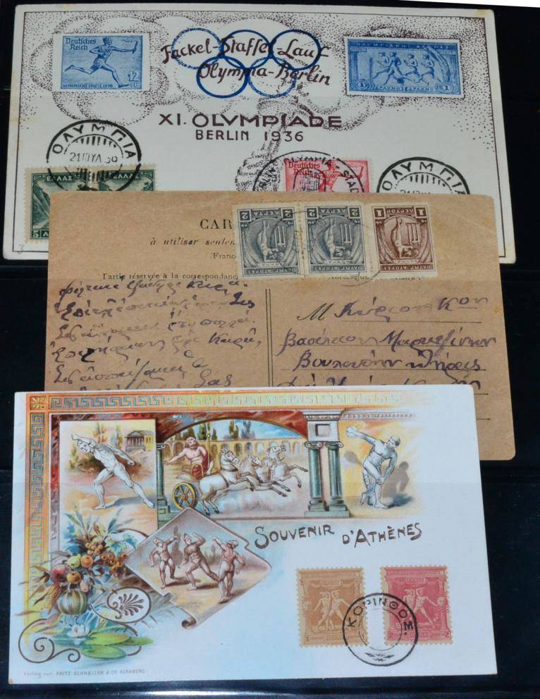 Lot 146 - Olympic Games. A red binder containing a range of stamps, covers, cards, M/Ss, vignettes,...