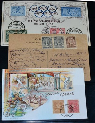 Lot 146 - Olympic Games. A red binder containing a range of stamps, covers, cards, M/Ss, vignettes,...