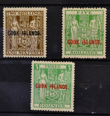 Lot 234 - Cook Islands. 1943 to 1954 overprinted Postal Fiscals of New Zealand. 2s6d, 5s and £3;...