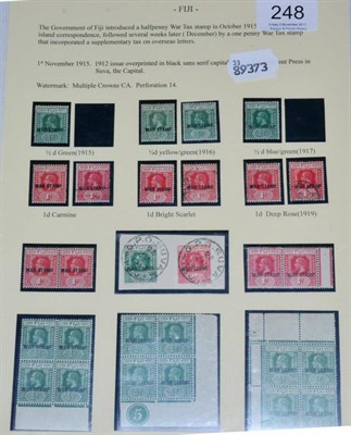 Lot 248 - Fiji. 1915 to 1919 range of mint 1/2d and 1d War Stamps in singles, horizontal pairs and blocks...